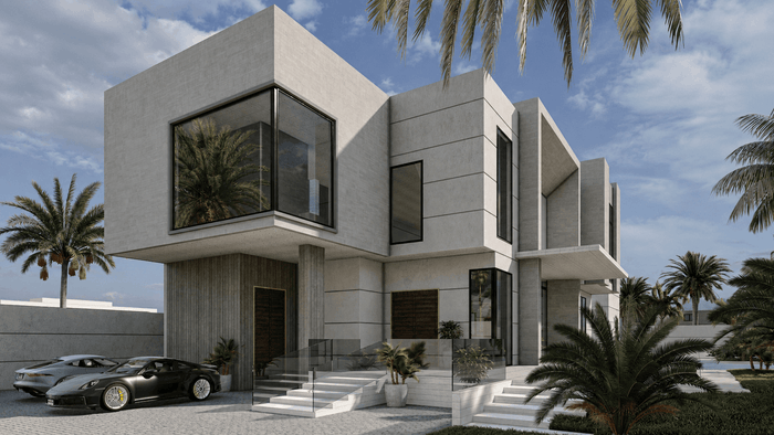 ["Duplex exterior design rendering", "Villa exterior design rendering", "Modern mansion exterior design rendering", "Minimal townhouse exterior design rendering", "Minimal villa exterior design rendering"]