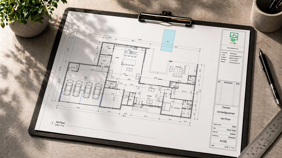 Residential floor plan drawing, first-floor architectural design, four-car garage layout