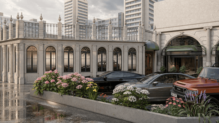 ["Coffee shop exterior rendering with warm welcoming facade", "Restaurant exterior rendering with outdoor seating area", "Coffee shop storefront exterior design rendering", "Coffee shop exterior rendering with modern signage and facade", "Restaurant exterior design rendering"]