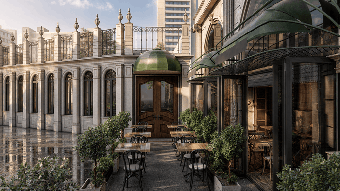 ["Coffee shop exterior rendering with warm welcoming facade", "Restaurant exterior rendering with outdoor seating area", "Coffee shop storefront exterior design rendering", "Coffee shop exterior rendering with modern signage and facade", "Restaurant exterior design rendering"]