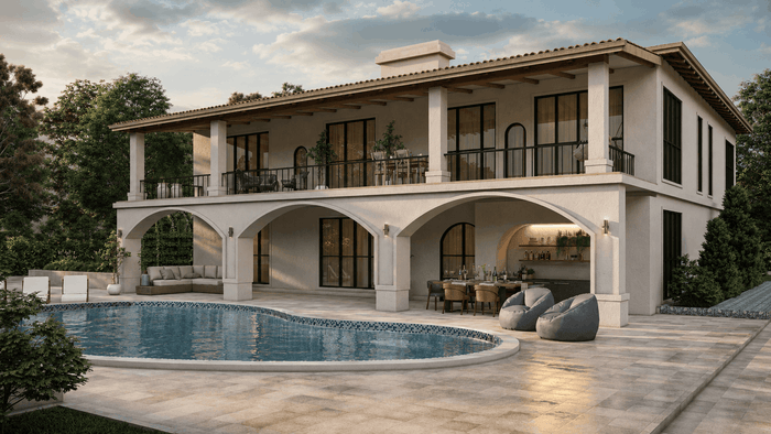 ["Mediterranean villa exterior design rendering", "Mediterranean mansion exterior design rendering", "Mediterranean townhouse exterior design rendering", "Mediterranean duplex exterior design rendering", "Swimming pool area exterior design rendering", "Pool area rendering with stylish outdoor seating"]