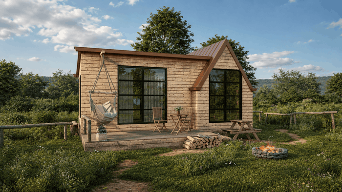 ["Tiny house exterior design rendering", "Tiny house exterior rendering with modern compact design", "Cottage exterior rendering with cozy traditional design", "Cabin exterior rendering with rustic architectural style", "Tiny house exterior rendering with smart space-saving design", "Tiny house exterior rendering with cozy modern style", "Cabin exterior rendering with compact cozy layout", "Cabin exterior design rendering", "Tiny home exterior rendering with modern facade design"]