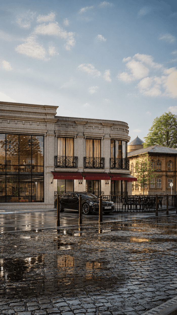 ["Restaurant exterior design rendering", "Restaurant and coffee shop exterior rendering with modern design", "Restaurant exterior rendering with outdoor seating area", "Restaurant storefront exterior design rendering", "Commercial exterior design rendering with clean professional style", "Commercial property exterior rendering with modern design"]