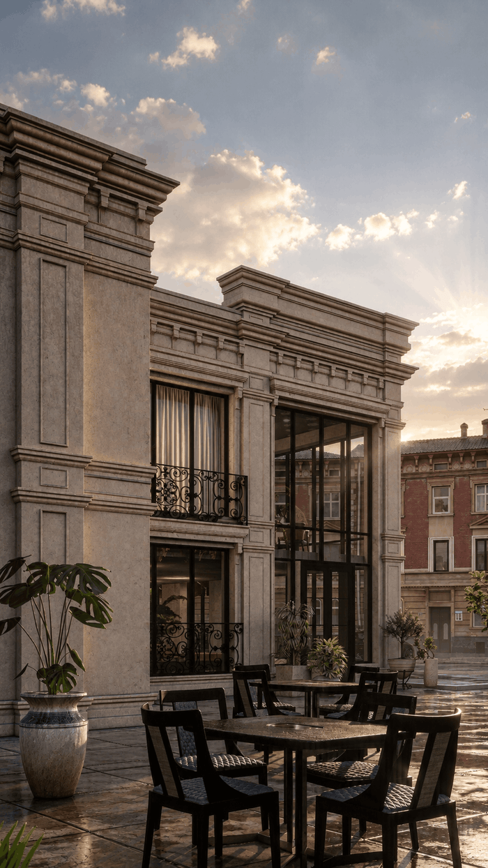 ["Restaurant exterior design rendering", "Restaurant and coffee shop exterior rendering with modern design", "Restaurant exterior rendering with outdoor seating area", "Restaurant storefront exterior design rendering", "Commercial exterior design rendering with clean professional style", "Commercial property exterior rendering with modern design"]