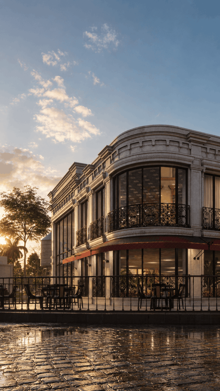 ["Restaurant exterior design rendering", "Restaurant and coffee shop exterior rendering with modern design", "Restaurant exterior rendering with outdoor seating area", "Restaurant storefront exterior design rendering", "Commercial exterior design rendering with clean professional style", "Commercial property exterior rendering with modern design"]
