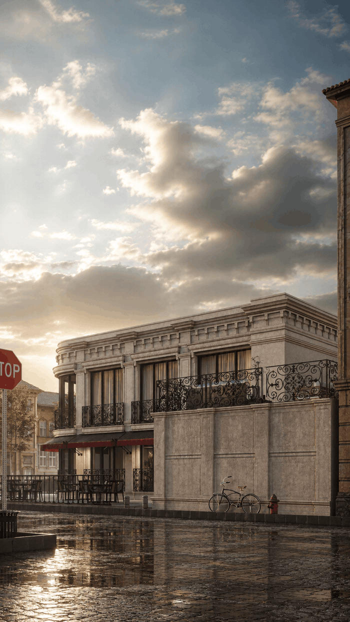 ["Restaurant exterior design rendering", "Restaurant and coffee shop exterior rendering with modern design", "Restaurant exterior rendering with outdoor seating area", "Restaurant storefront exterior design rendering", "Commercial exterior design rendering with clean professional style", "Commercial building exterior rendering with functional modern layout"]