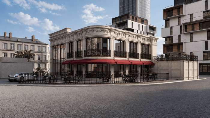 ["Restaurant exterior design rendering", "Restaurant and coffee shop exterior rendering with modern design", "Restaurant exterior rendering with outdoor seating area", "Restaurant storefront exterior design rendering", "Commercial exterior design rendering with clean professional style", "Commercial property exterior rendering with modern design"]