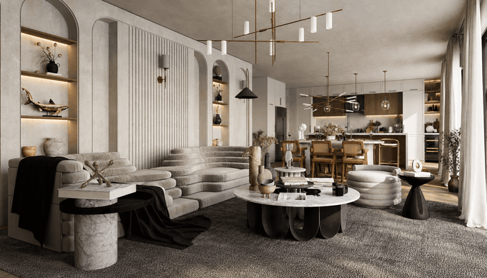 ["Bungalow living room rendering with cozy interior layout", "Apartment living room interior design rendering", "Mediterranean living room rendering with warm tones", "Bungalow living room rendering with cozy interior layout", "Luxury living room interior design rendering"]