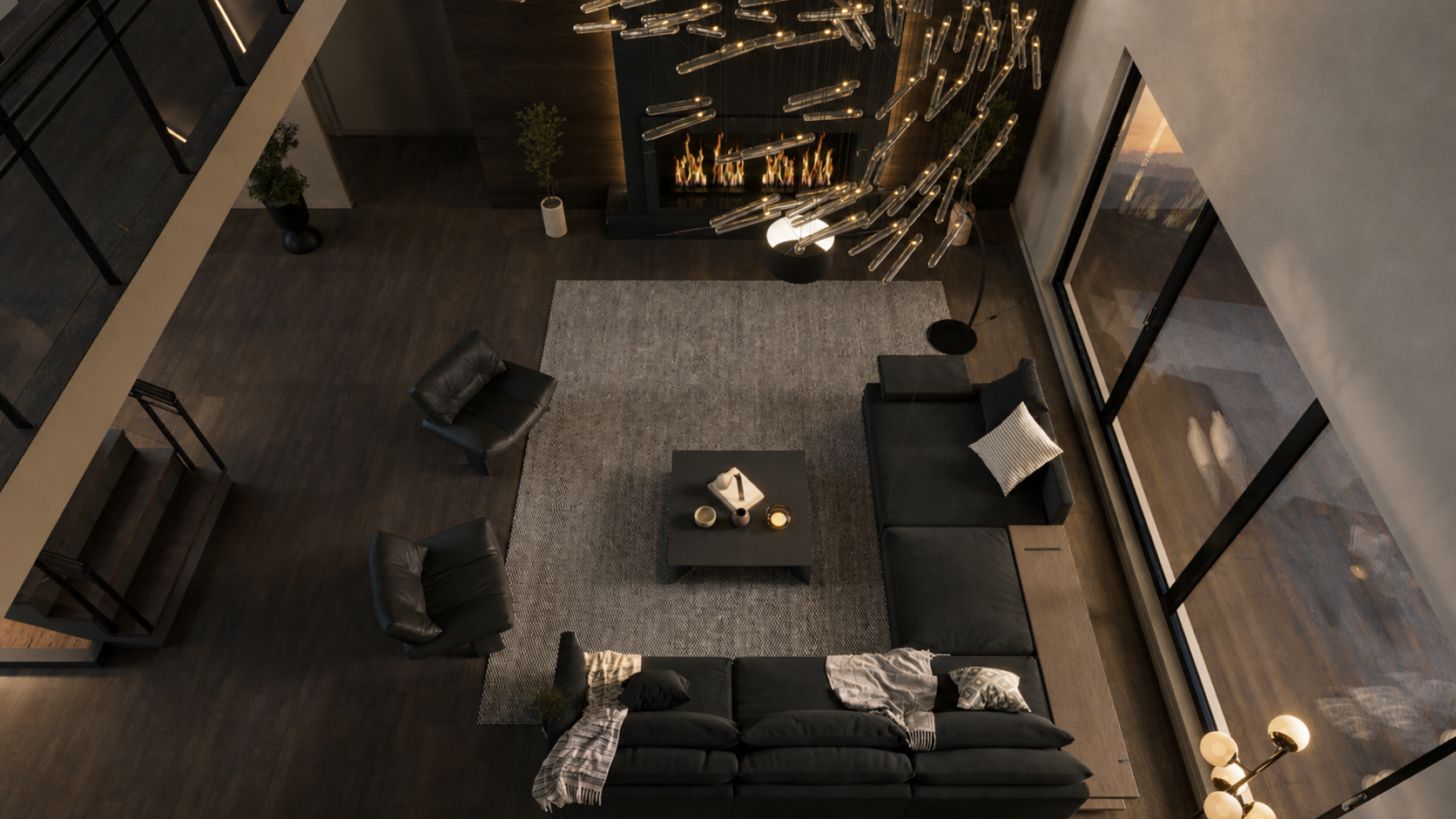 Modern living room with dark furniture and a large window view, luxury living room design, minimal and dark interior design
