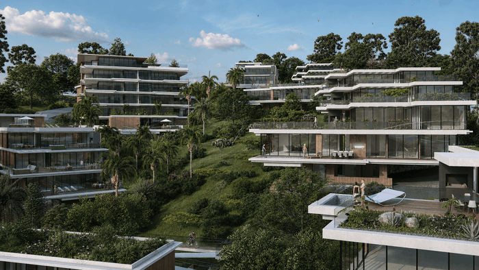 ["Pool area exterior rendering with relaxing resort-style layout", "Pool area exterior design rendering", "Luxury pool area rendering with elegant exterior design", "Modern apartment exterior design rendering"]