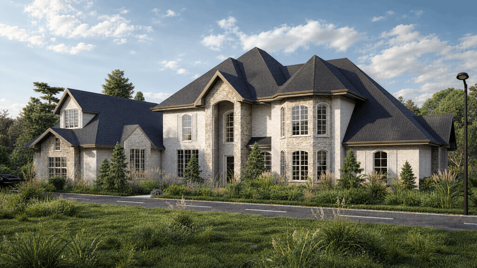 Luxury mansion exterior rendering, stone facade exterior design, multi-gable roof rendering