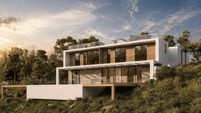 ["Minimal townhouse exterior design rendering", "Minimal duplex exterior design rendering", "Minimal mansion exterior design rendering", "Minimal villa exterior design rendering", "Modern villa exterior design rendering"]