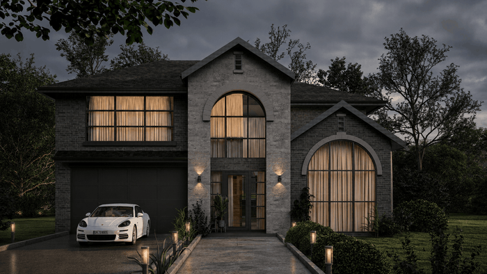 ["Modern duplex exterior design rendering", "Luxury duplex exterior design rendering", "Modern bungalow exterior design rendering", "Farmhouse bungalow exterior design rendering", "Luxury bungalow exterior design rendering"]