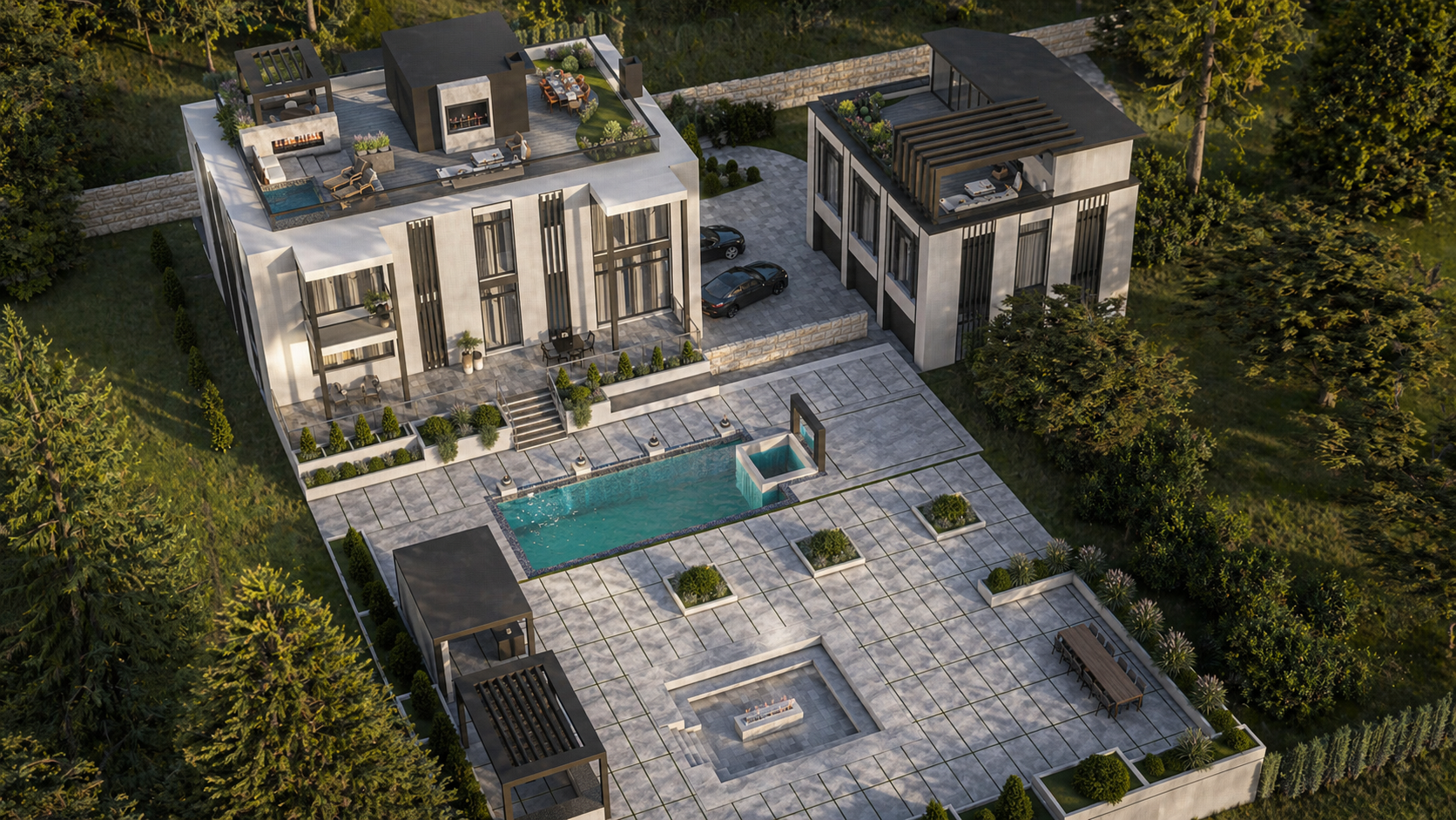 Exterior rendering service, modern villa estate, rooftop terrace design, swimming pool courtyard, aerial exterior rendering