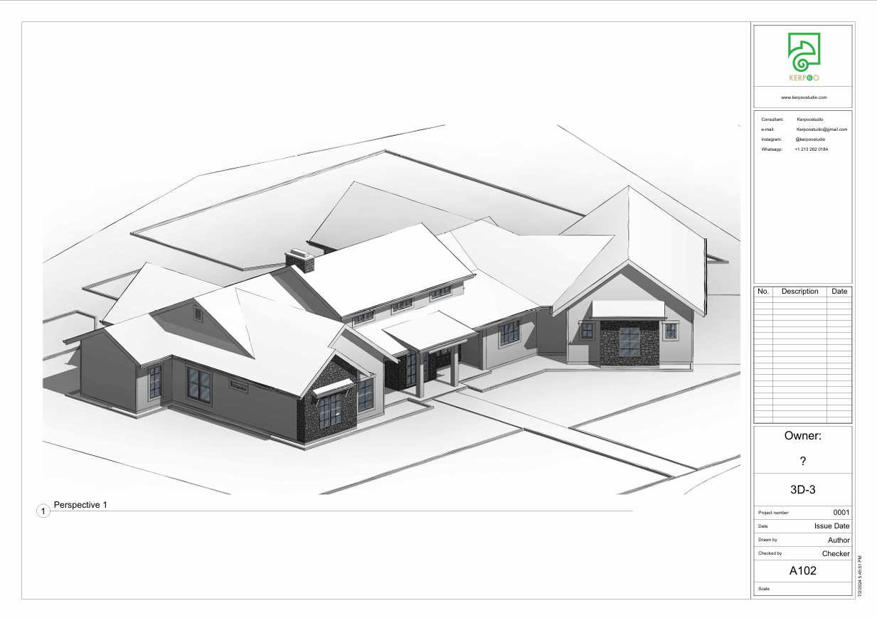 3D modeling service, residential house model, multi-gable roof design, stone facade design, architectural perspective