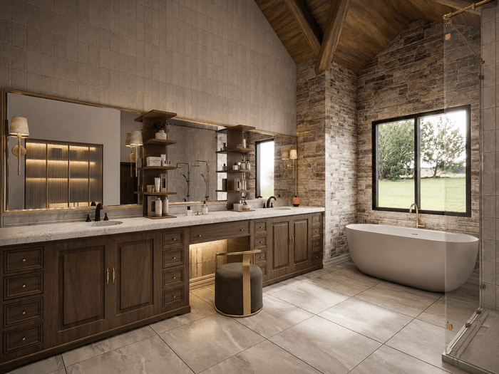 ["Rustic master bathroom interior design rendering", "Luxury master bathroom rendering with elegant premium finishes", "Farmhouse master bathroom rendering with cozy rustic details", "Modern master bathroom rendering with sleek finishes", "Townhouse master bathroom interior design rendering", "Bungalow master bathroom rendering with cozy interior design", "Villa master bathroom interior design rendering"]