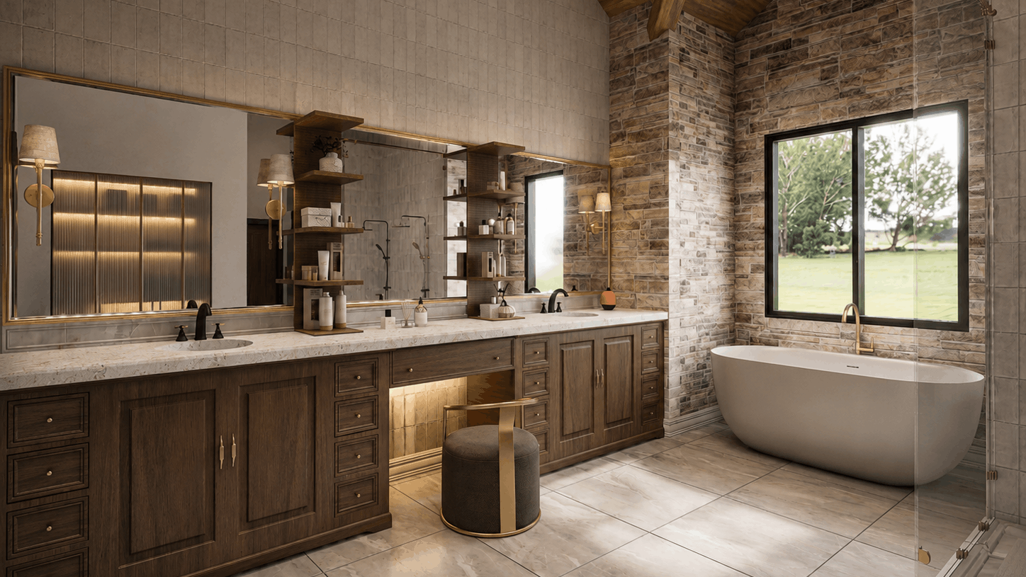 Modern bathroom with wooden vanity, freestanding bathtub, and large window.