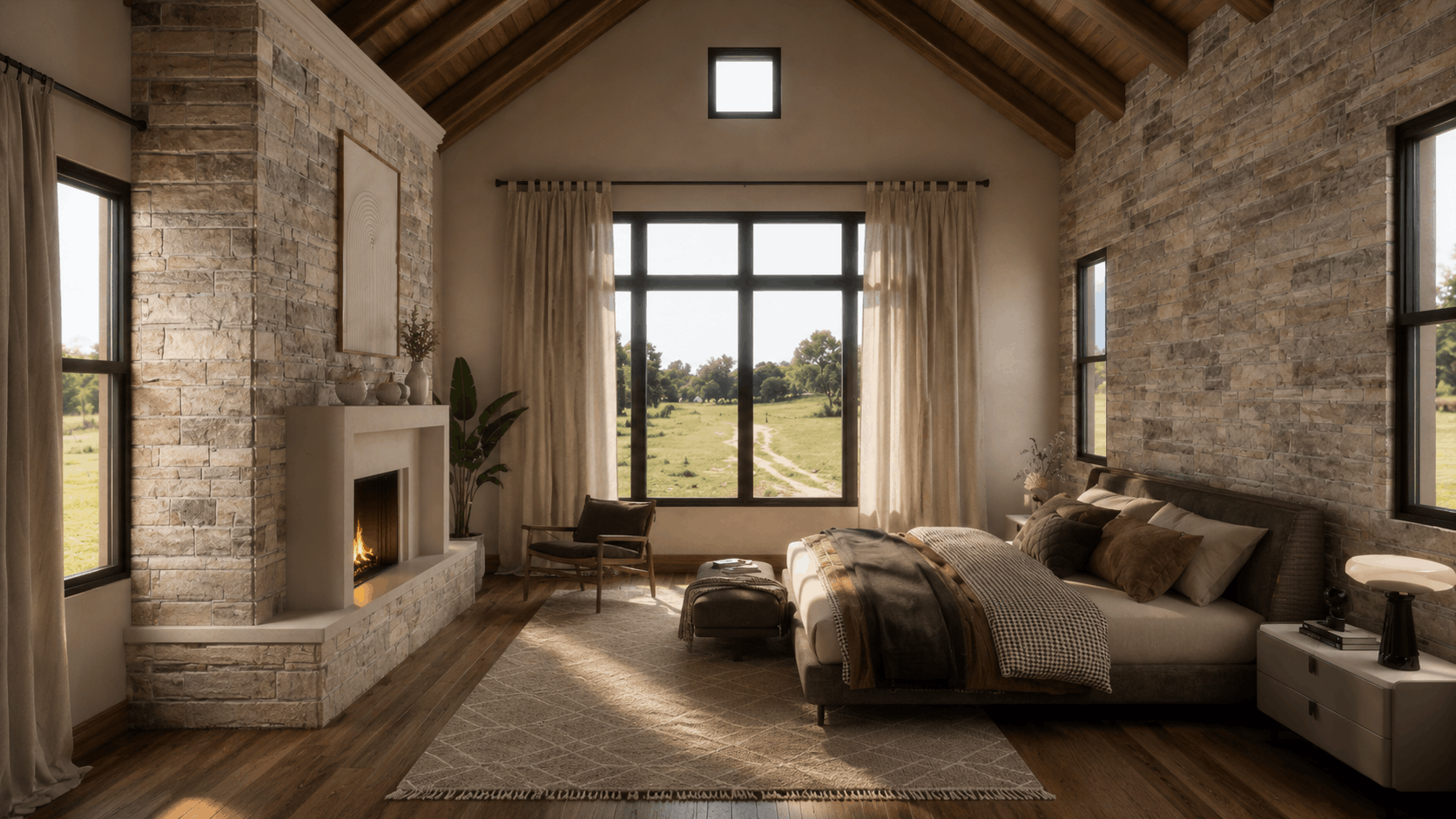Cozy bedroom with stone fireplace, large windows, and comfortable furniture. master bedroom interior design.