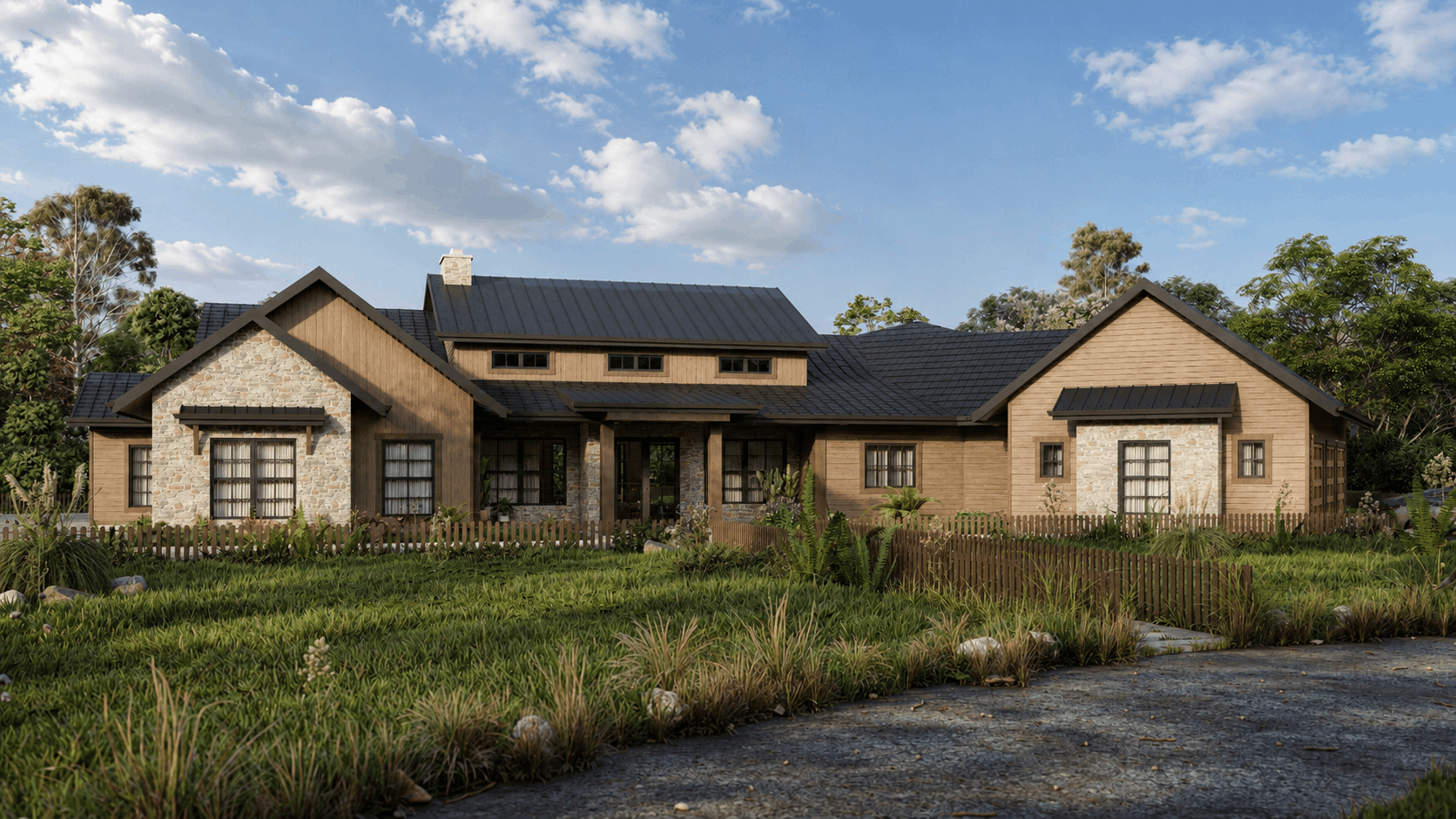 Exterior rendering service, rustic farmhouse exterior, wood and stone exterior design, black roof design, farmhouse design