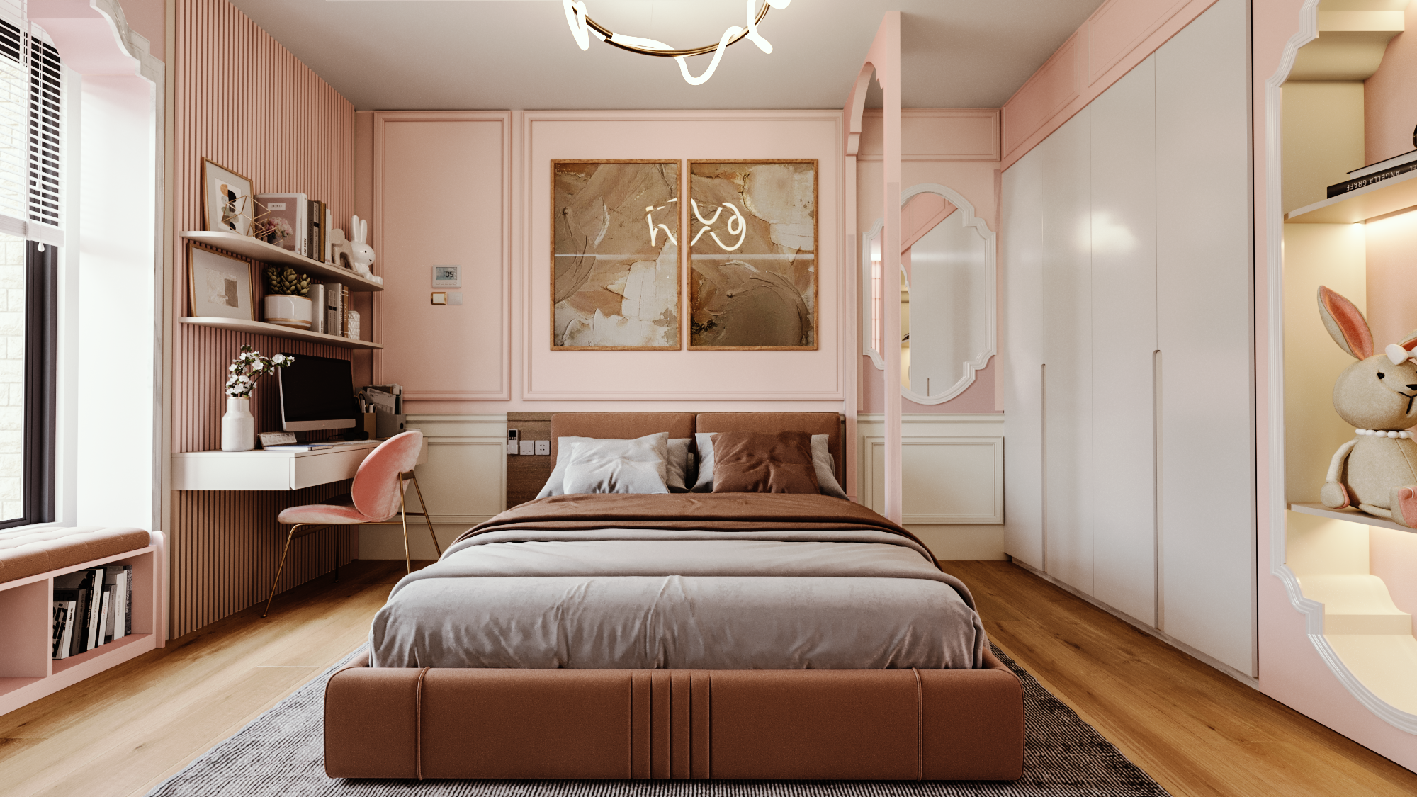 Interior rendering service, pink bedroom design, home study area, custom wardrobe design, interior design