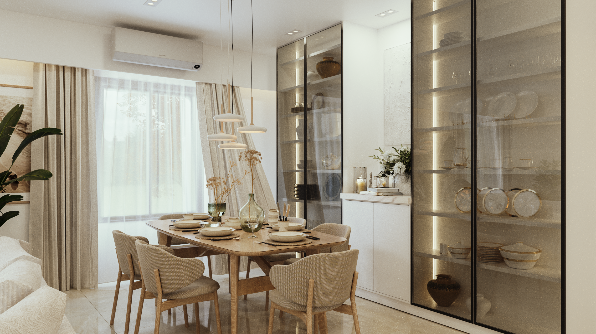 Modern dining room with wooden table and chairs, large glass cabinet, and air conditioner.