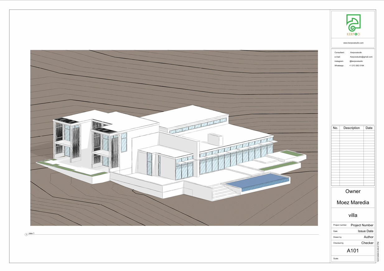 Architectural design presentation, modern villa sketch model, hillside house concept, poolside villa massing, exterior design sheet