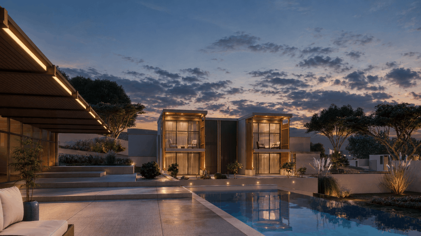 Exterior rendering service, modern hillside villa exterior, luxury pool design, sunset architectural visualization, wooden facade villa