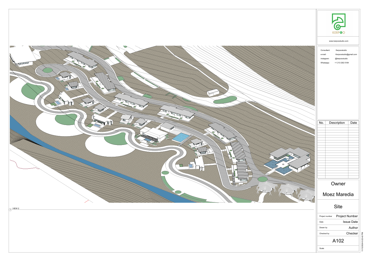 Residential site plan drawing, hillside development design, masterplan visualization