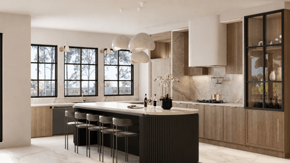 Interior rendering service, modern kitchen design, marble island kitchen, wood cabinetry, black framed windows, luxury kitchen interior