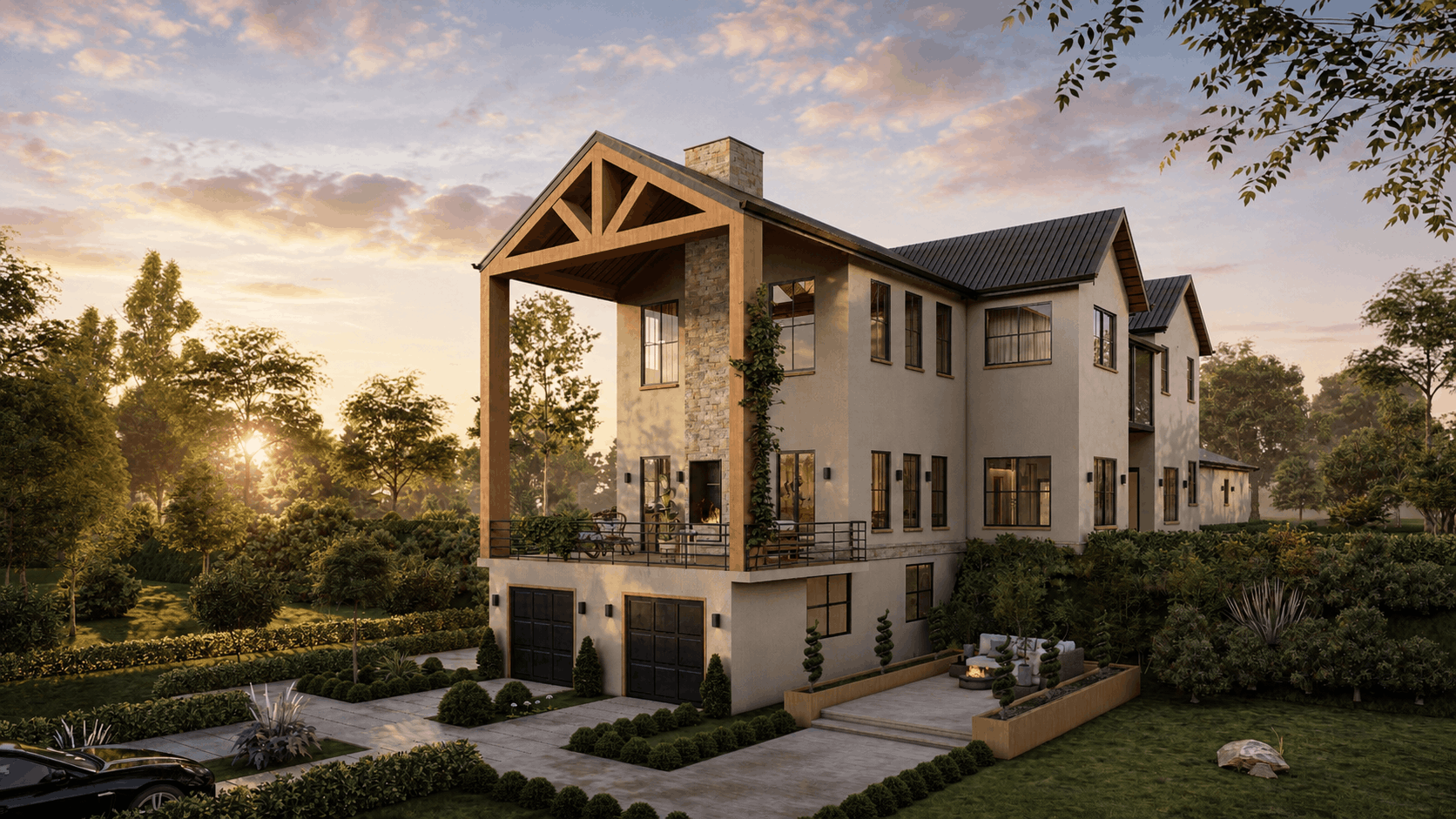 Exterior rendering service, rustic farmhouse exterior, timber frame balcony design, stone facade design, exterior design