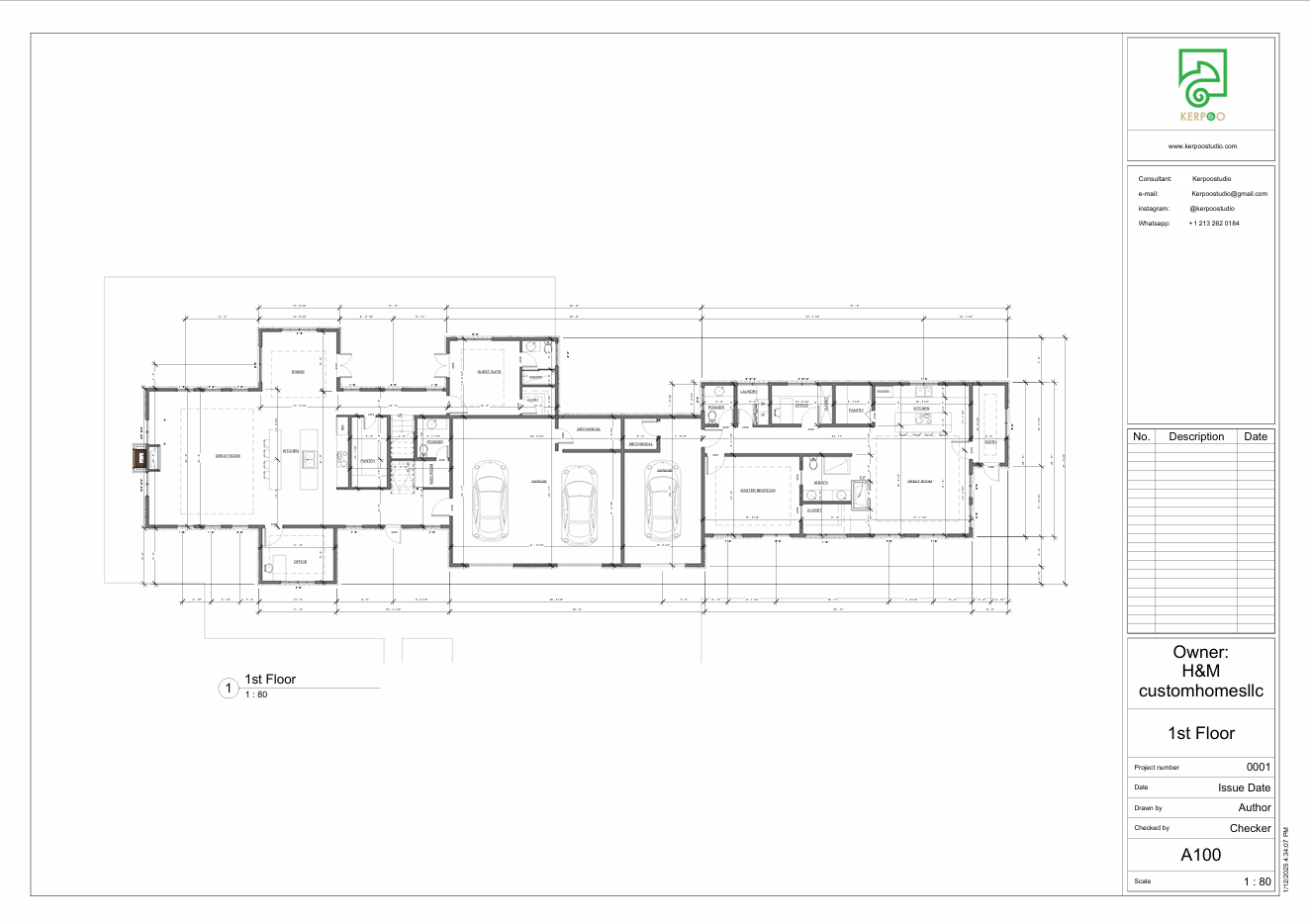 Technical drawings service, first-floor plan, residential layout design, three-car garage plan, architectural floor plan