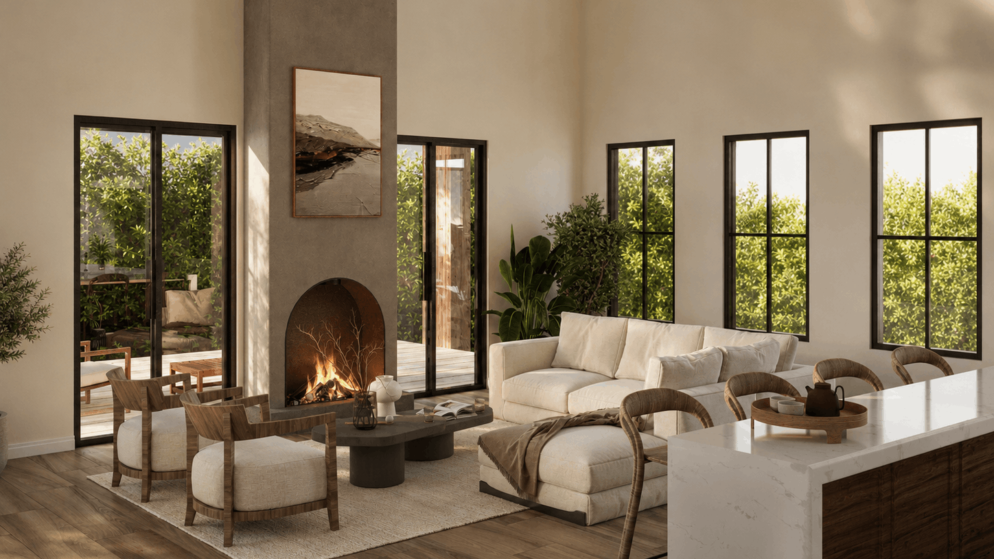 Modern living room with a fireplace, white sofa, and large windows, rustic interior design.