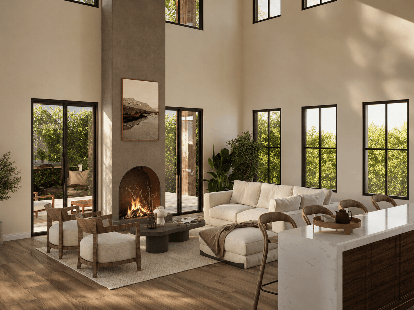 Interior rendering service, living room design, double-height fireplace design, warm neutral interior, interior design