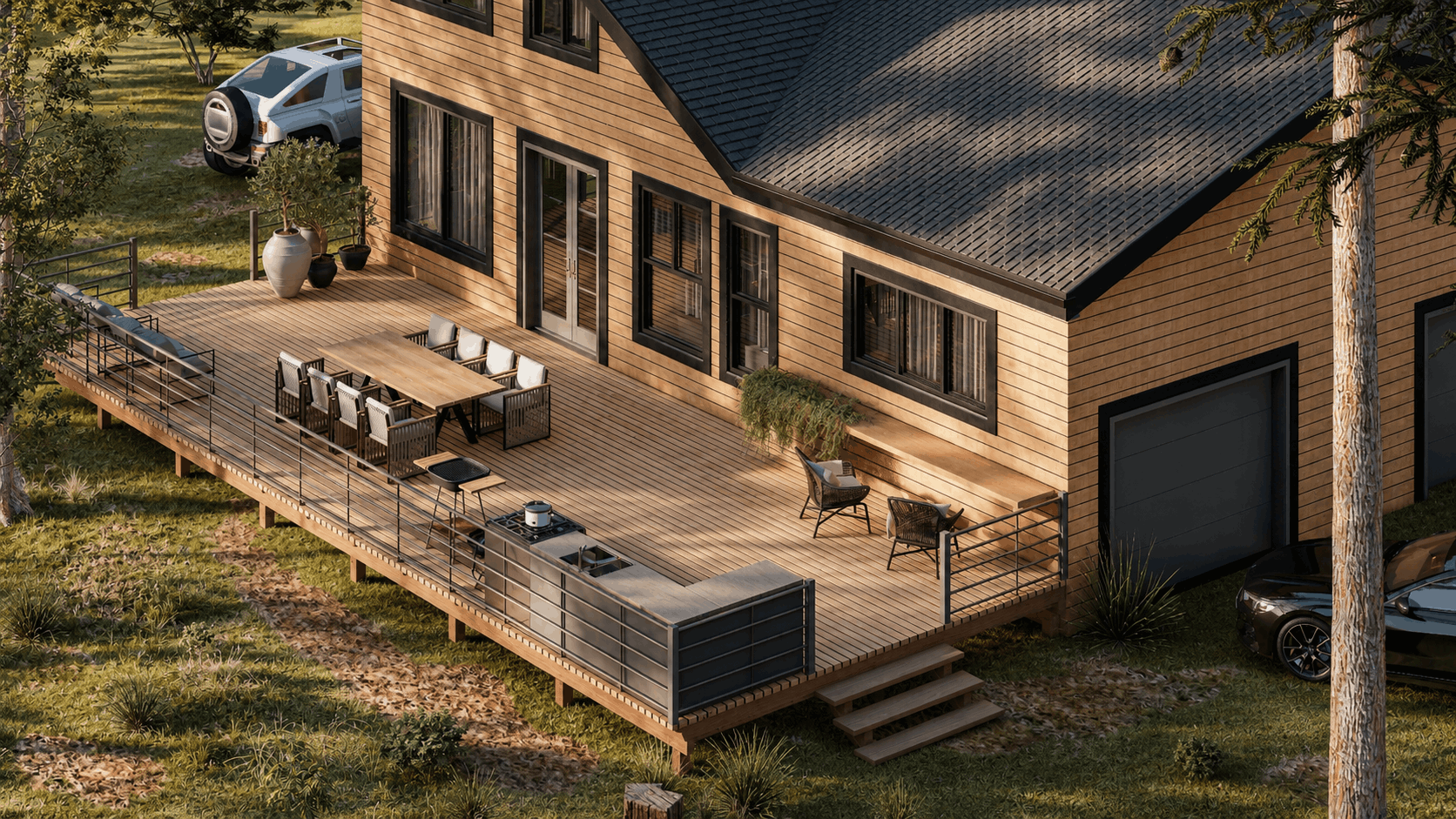 Exterior rendering service, wooden house exterior, elevated deck design, outdoor dining area, exterior design