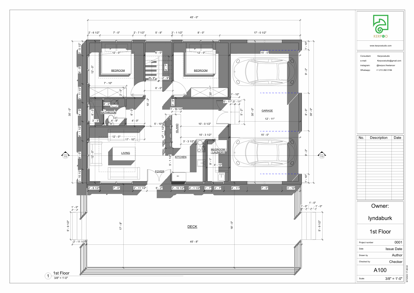Technical drawings service, first-floor plan, two-bedroom house layout, two-car garage design, architectural floor plan