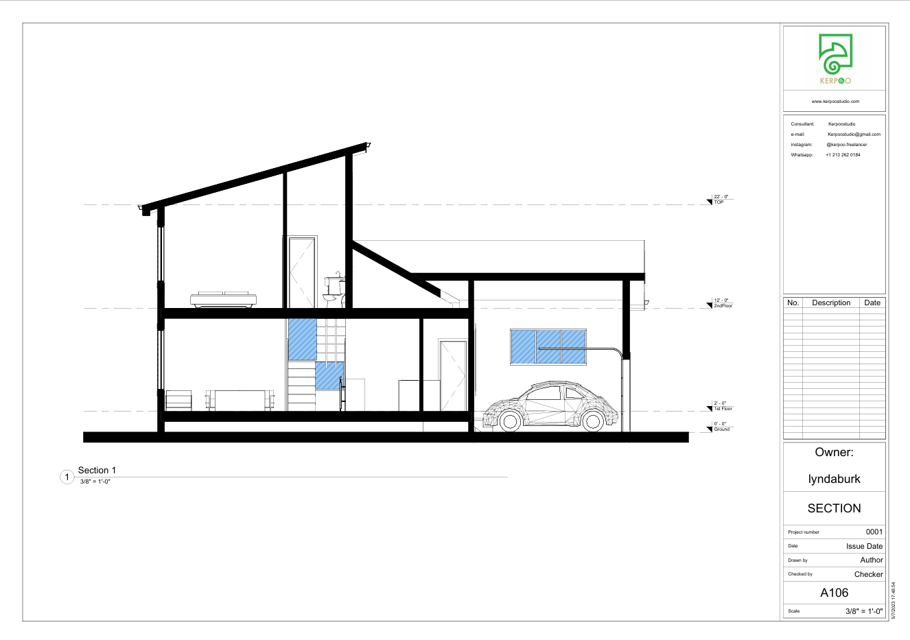 Technical drawings service, residential section drawing, sloped roof design, two-story house section, architectural drawing