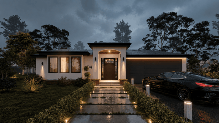 ["Modern bungalow exterior design rendering", "Mediterranean bungalow exterior design rendering", "Minimal bungalow exterior design rendering", "Mediterranean villa exterior design rendering", "Mediterranean farmhouse exterior design rendering"]
