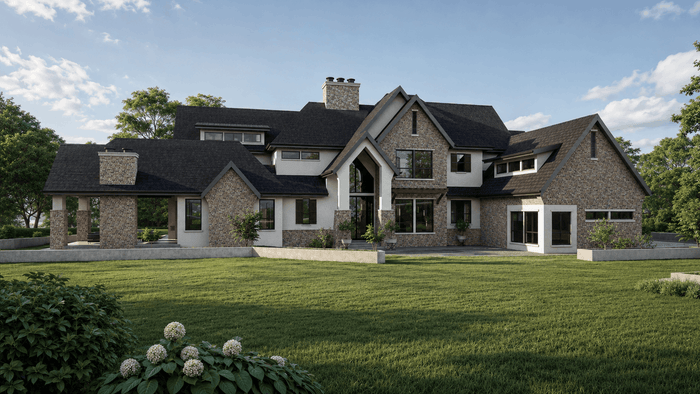 ["Rustic mansion exterior design rendering", "Rustic villa exterior design rendering", "Rustic duplex exterior design rendering", "Rustic townhouse exterior design rendering", "Farmhouse townhouse exterior design rendering"]