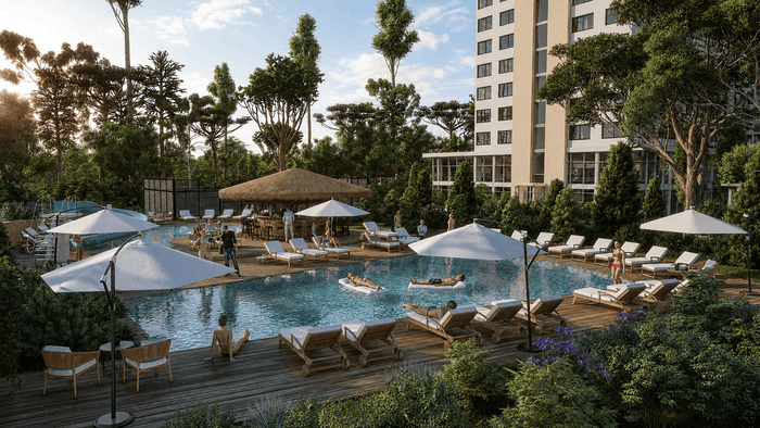 ["Pool area exterior rendering with relaxing resort-style layout", "Pool area exterior design rendering", "Luxury pool area rendering with elegant exterior design", "Modern apartment exterior design rendering"]