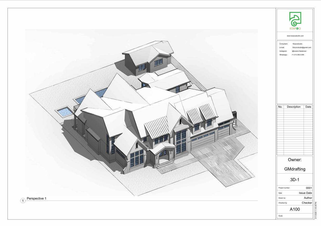 3D modeling service, luxury mansion model, complex roof design, front exterior perspective, architectural design