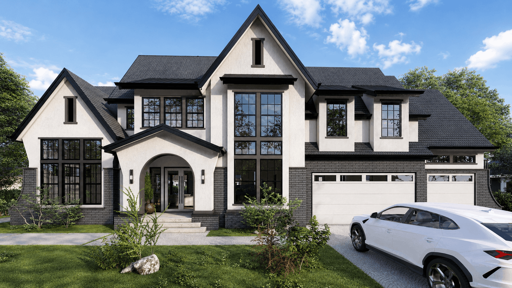 Exterior rendering service, modern farmhouse front exterior, white stucco and black brick design, arched entrance design, exterior design