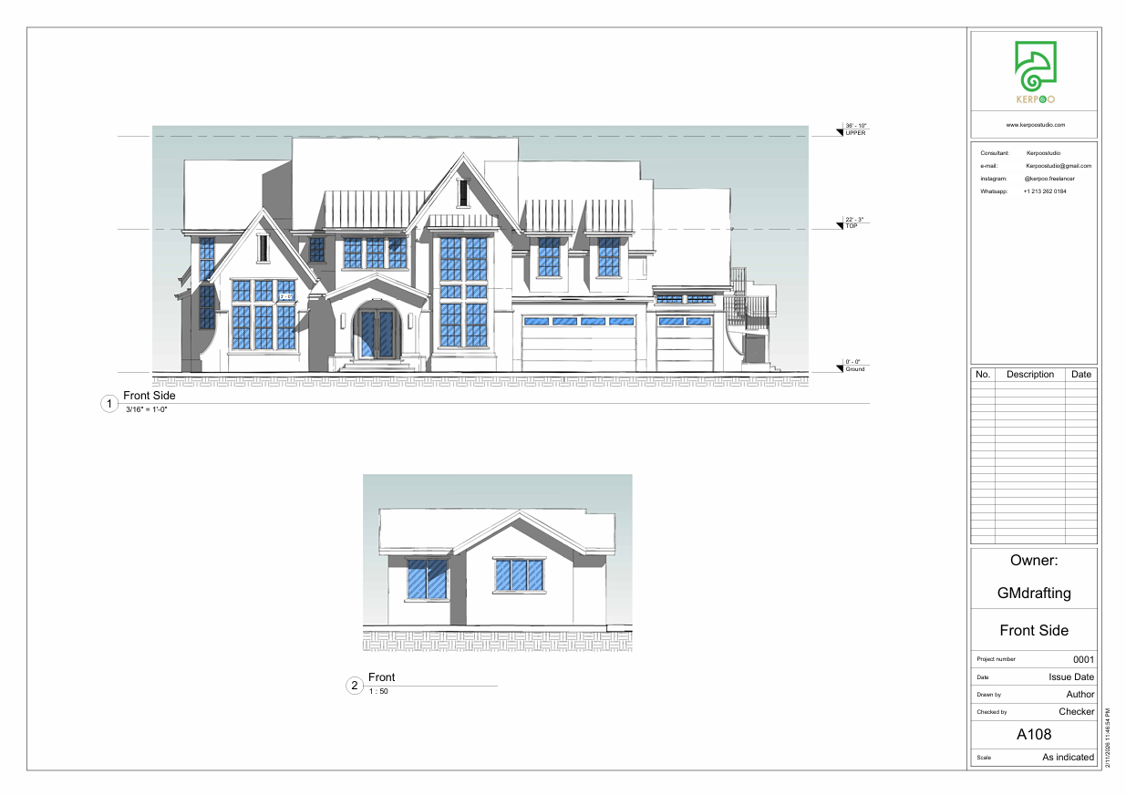 Technical drawings service, front elevation drawing, luxury mansion facade design, detached guest house elevation, architectural drawing