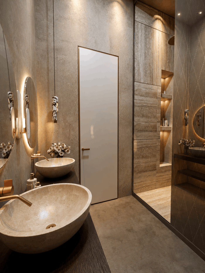 ["Duplex master bathroom rendering with modern interior layout", "Minimal master bathroom interior design rendering", "Luxury master bathroom rendering with elegant premium finishes", "Modern master bathroom rendering with sleek finishes", "Modern master bathroom interior design rendering"]