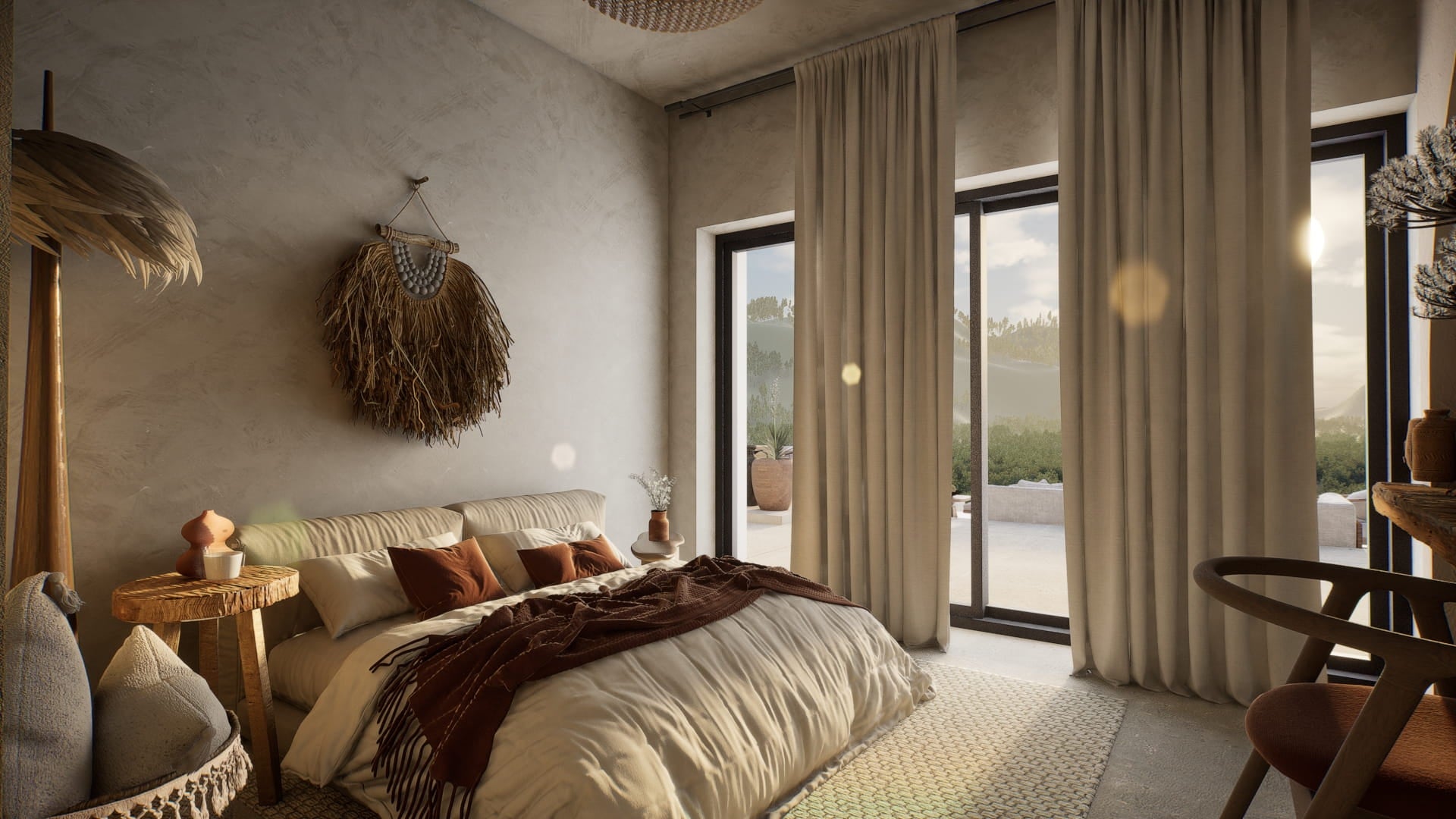 Interior rendering service, bedroom design, floor-to-ceiling curtain design, bohemian bedroom design, interior design