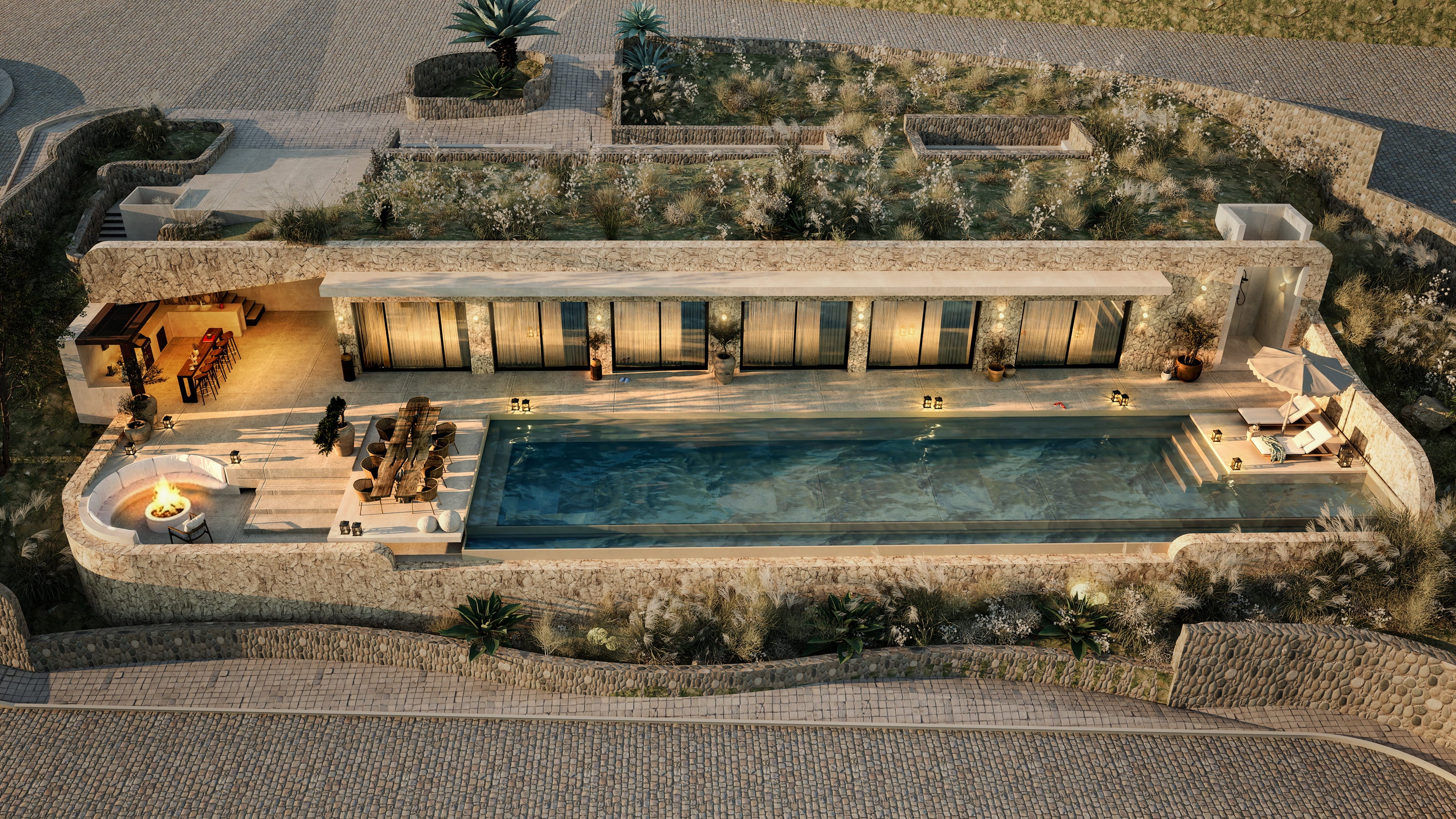 Exterior rendering service, modern villa exterior, rooftop garden design, swimming pool area, stone facade design