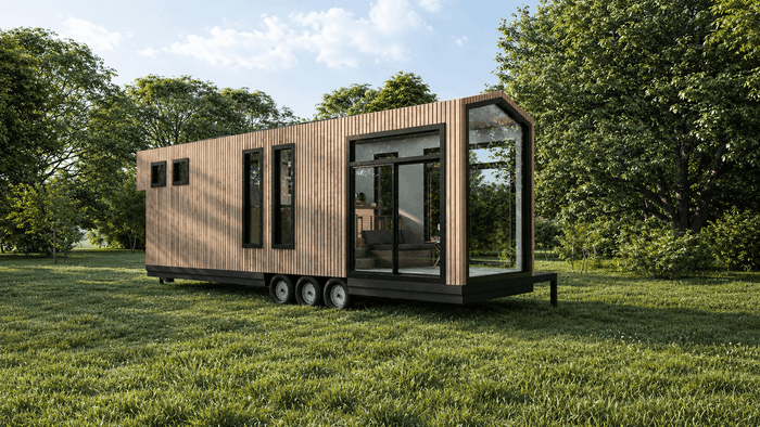 ["Tiny house and mobile home exterior rendering", "Mobile home exterior rendering with bright contemporary style", "Modern tiny house exterior design rendering", "Tiny house exterior rendering with modern compact design", "Tiny house exterior design rendering"]