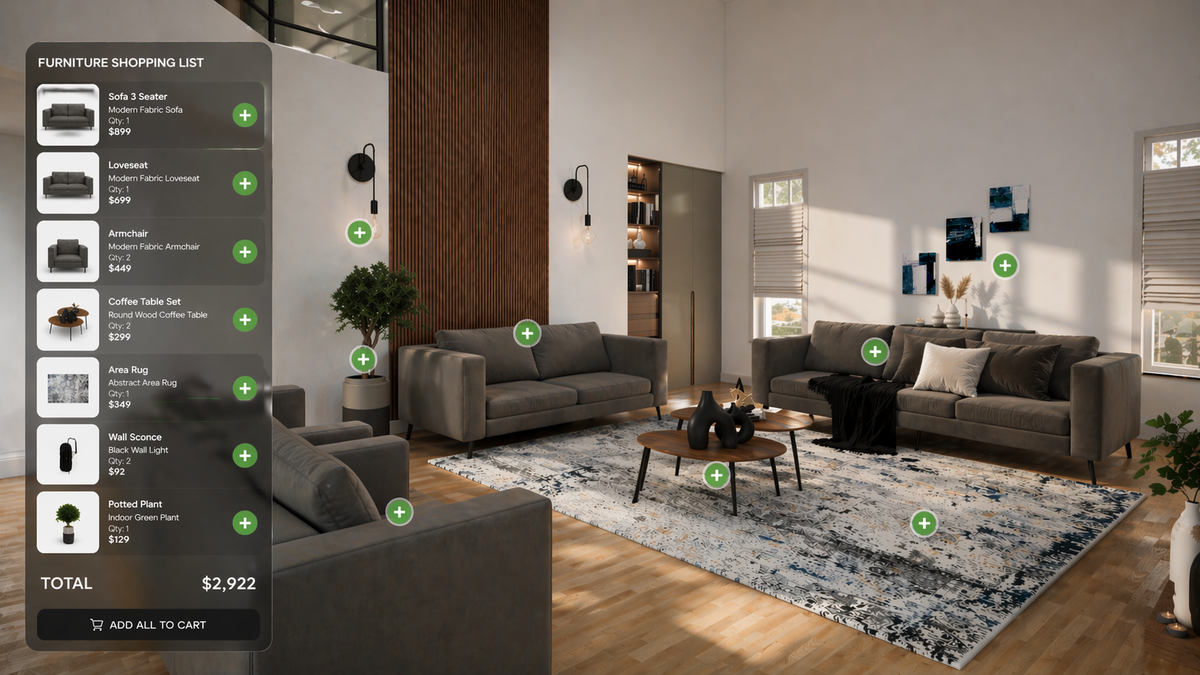 Furniture shopping list rendering, living room product selection, interior sourcing visualization
