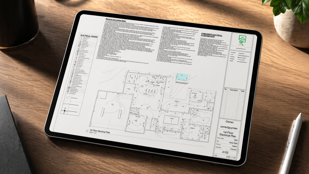 Residential electrical plan drawing, first-floor lighting design, technical blueprint presentation